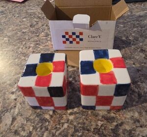 CLARE V X MONO PRIX Ceramic Candlestick Set White Blue Red Check Square Cube NEW